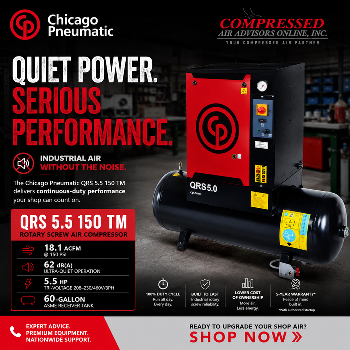 Chicago Pneumatic QRS 5.5 150 TM – 5.5 HP Rotary Screw Air Compressor  60-Gallon Tank Mounted | 18.1 ACFM @ 150 PSI Tri-Voltage 208–230/460V/3Ph | Part Number: 4152054777
