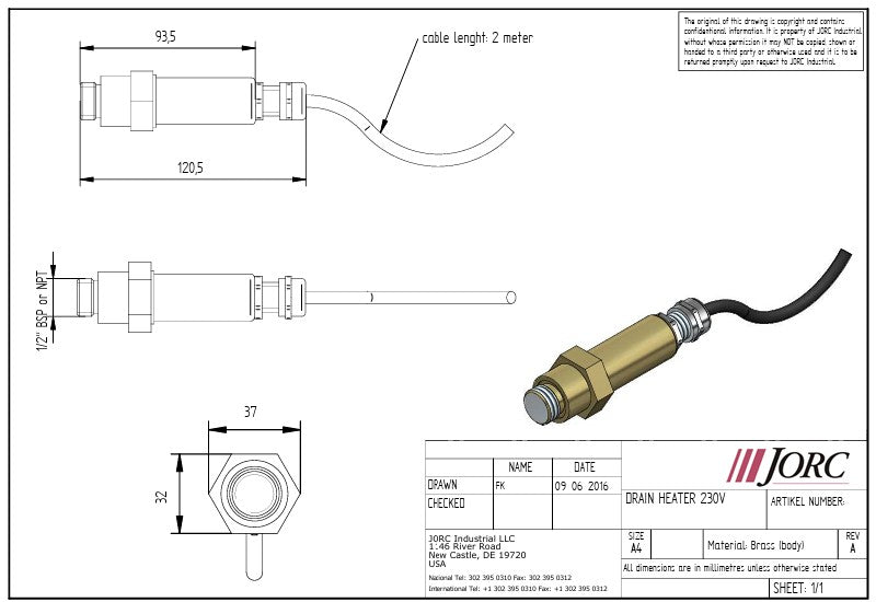 Jorc - Condensate Drain Heater 1/2" NPT, 230 PSI
