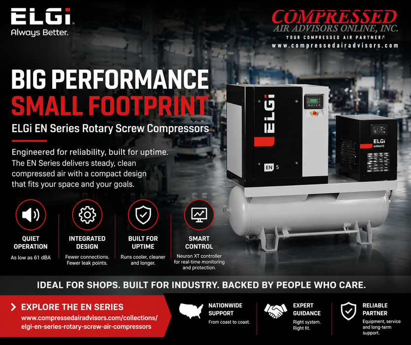 Elgi EN03 4 HP Tank-Mounted Rotary Screw Air Compressor with EGRD Refrigerated Air Dryer – 60 Gallon, 125 or 150 PSI