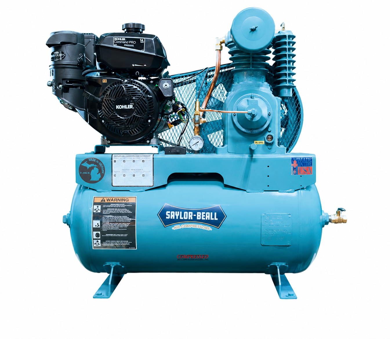 Saylor-Beall UL-753 14 HP Kohler Gas Powered Splash Lubricated Air Compressor, 18.8 CFM @ 175 PSI