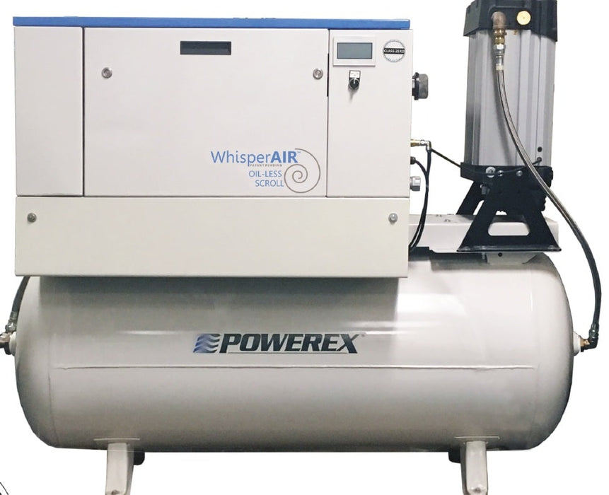 Powerex 5 HP oil-less scroll air compressor with 60 gallon tank shown with desiccant air dryer