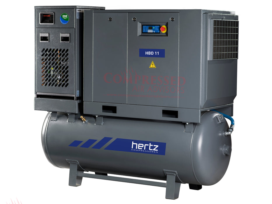 Hertz Kompressoren HBD11 TMD - 15hp Belt Driven Rotary Screw Air Compressor, 120 Gallon Air Receiver, Refrigerated Air Dryer, 63 CFM @ 125 PSI