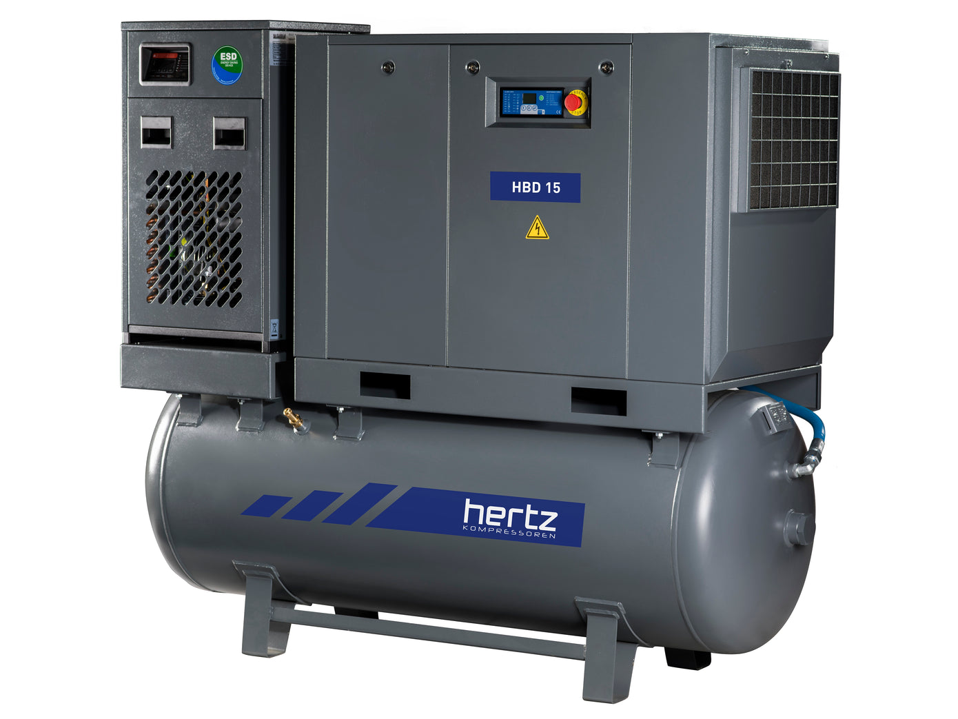 Hertz Kompressoren HBD11 TMD — 15HP Belt Driven Rotary Screw, 120 Gal Tank, Refrigerated Dryer, 63 CFM @ 125 PSI